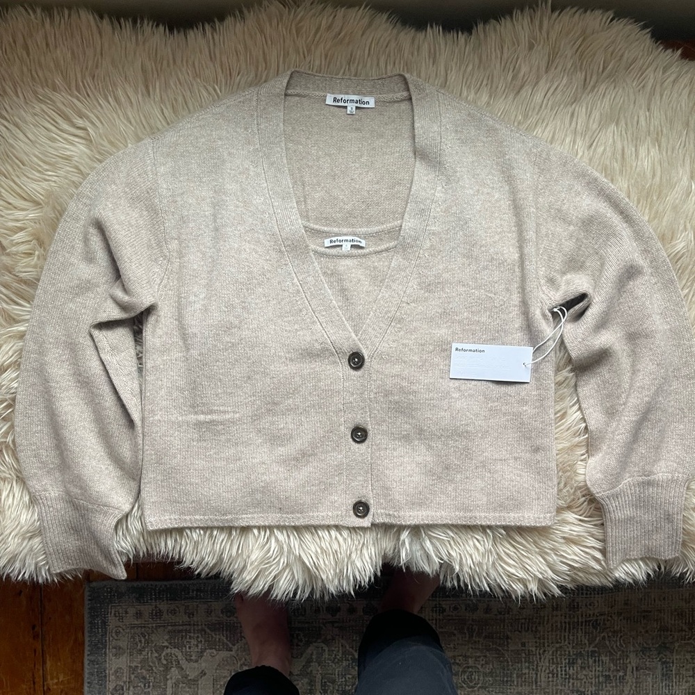 Reformation Varenne Cashmere Tank and Cardi Set Oatmeal